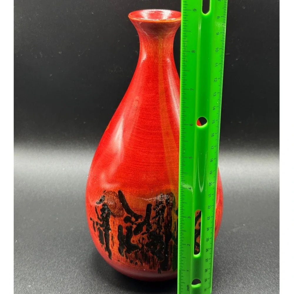 Signed Hand Turned Birch Wood Bud Vase‎ Red Burnt Live Edge Nature Artisan MCM